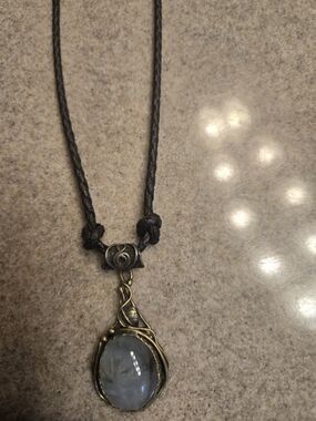 Vintage-Style Black Cord Necklace with Gray Blue Stone Pendant